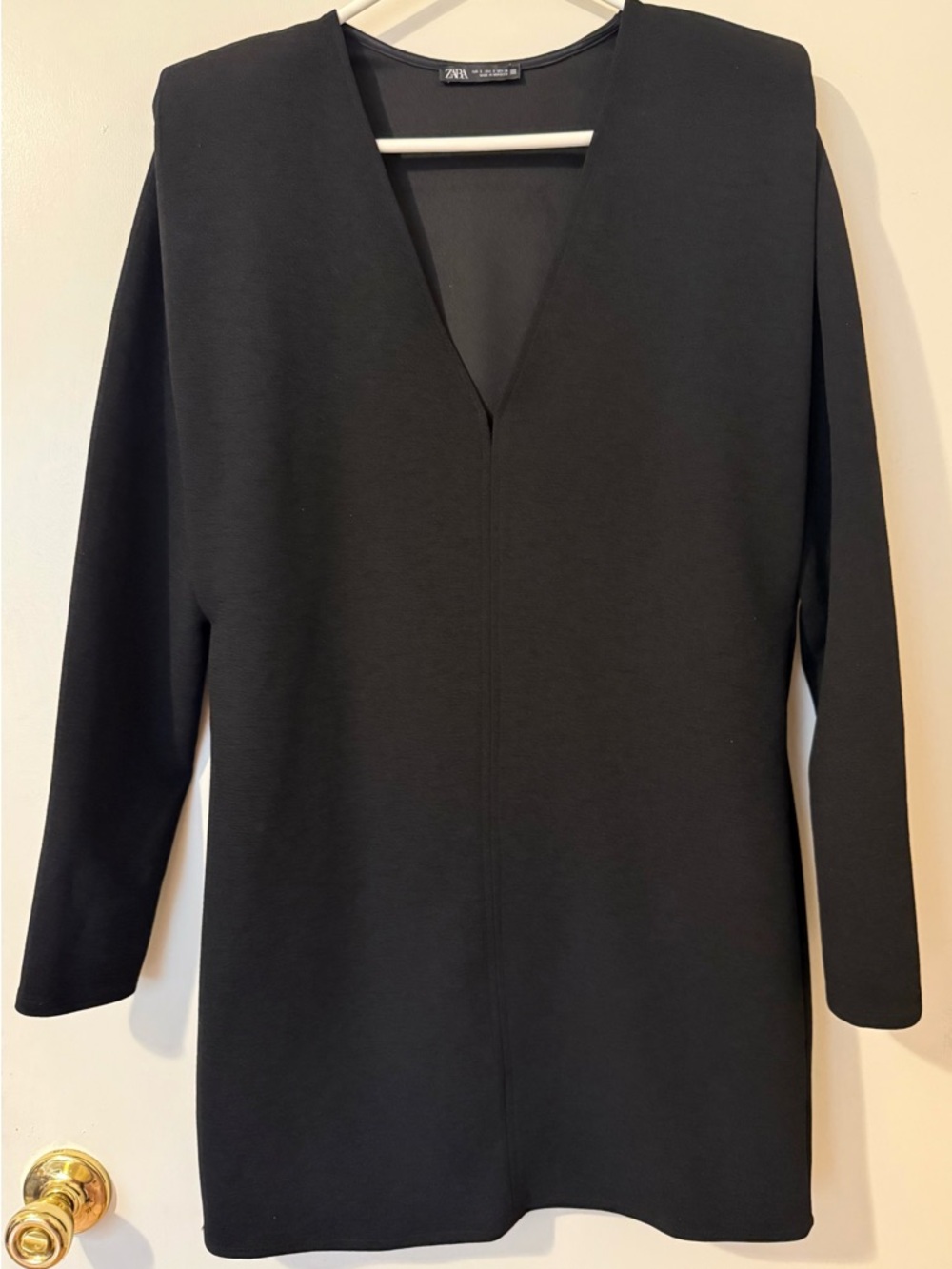 ZARA Black V-Neck Long Sleeve Dress With Shoulder Pads Size S